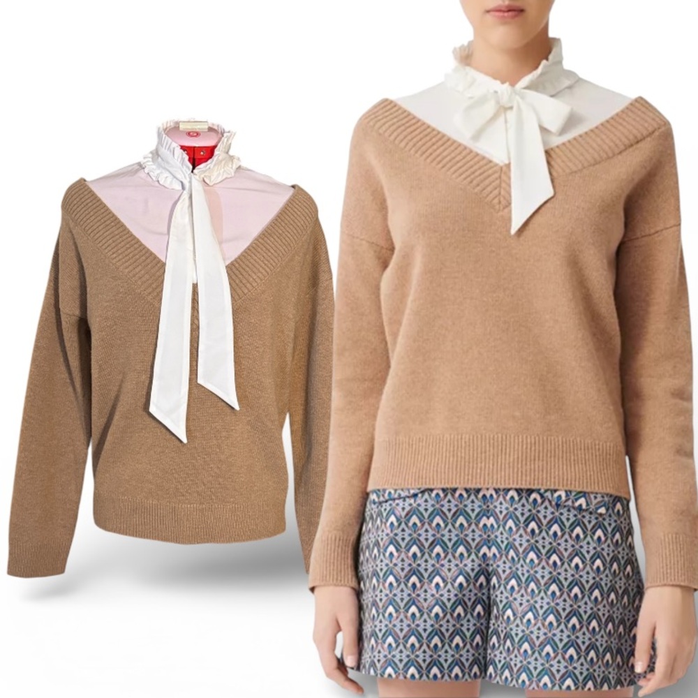 Maje Mirelle Camel Mock Layered Blouse and Wool V-Neck Sweater Pullover Size 2